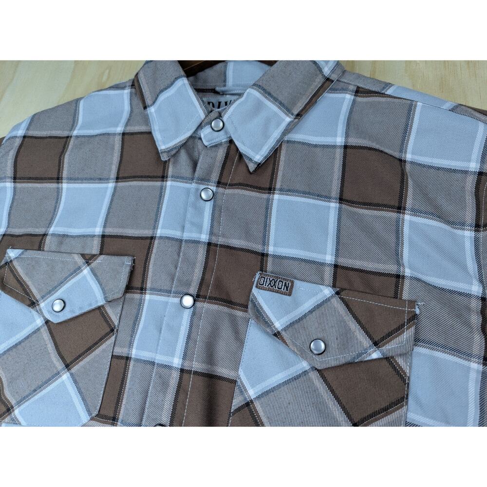 Dixxon Men's Large T Street Plaid Flannel Long Sleeve Snap Shirt Brown Blue - Picture 7 of 10
